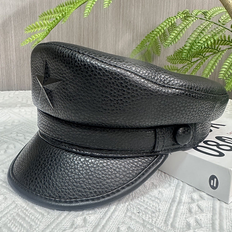 Men genuine leather captain's cap Black With Star S