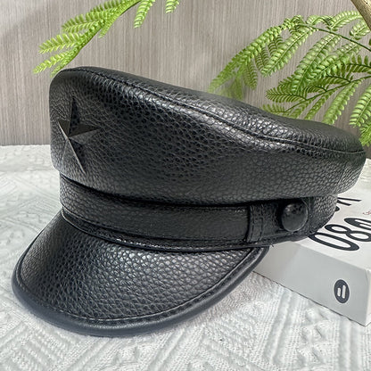 Men genuine leather captain's cap Black With Star S