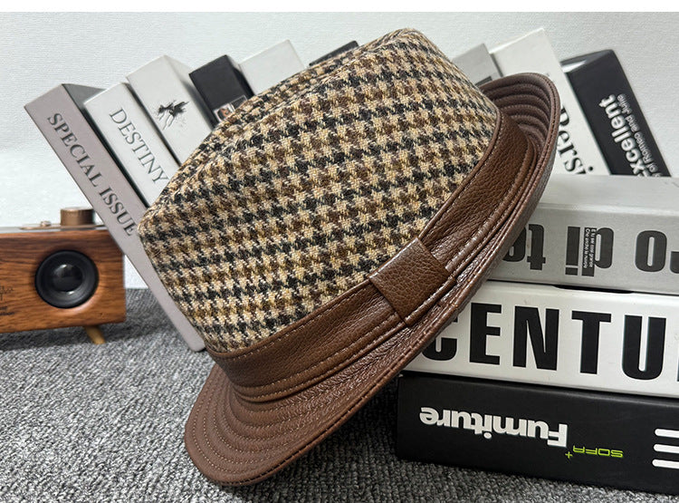 Men's leather jazz cap with houndstooth design