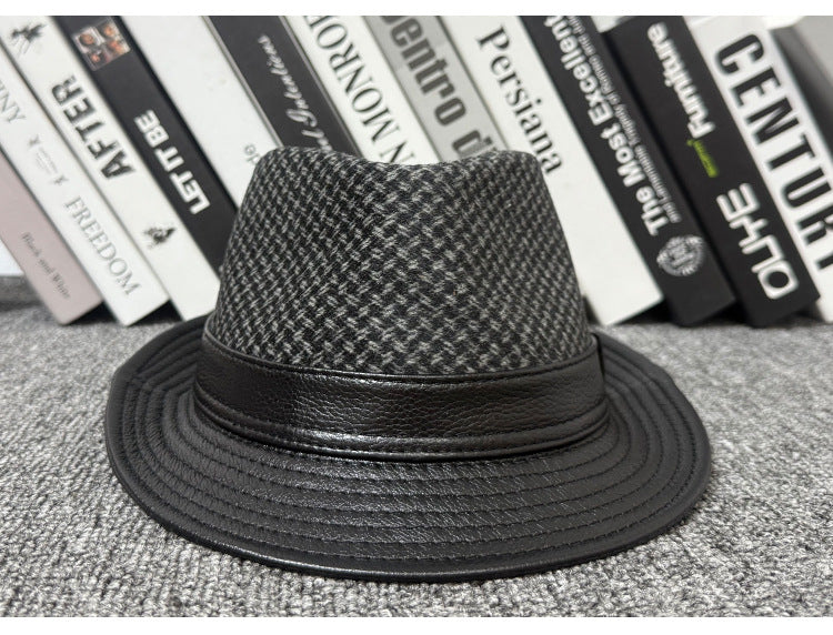 Men's leather jazz cap with houndstooth design