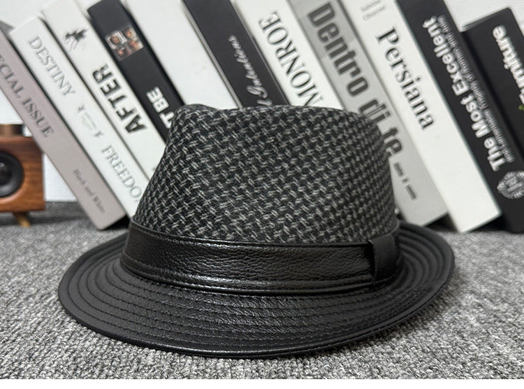 Men's leather jazz cap with houndstooth design