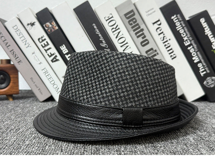 Men's leather jazz cap with houndstooth design
