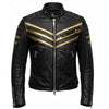 Men's Black Leather Biker Jacket with Metallic Gold Stripes