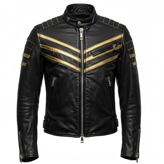 Men's Black Leather Biker Jacket with Metallic Gold Stripes