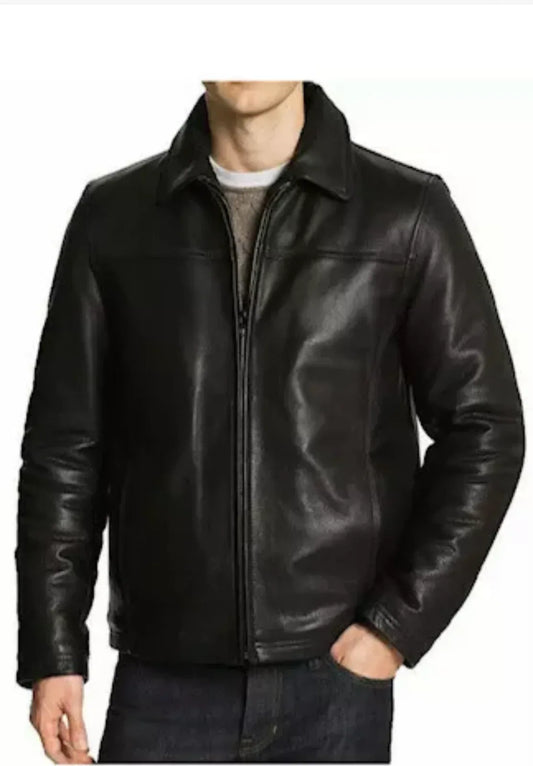 Men’s Black Leather Jacket with Classic Collar and Zip Front