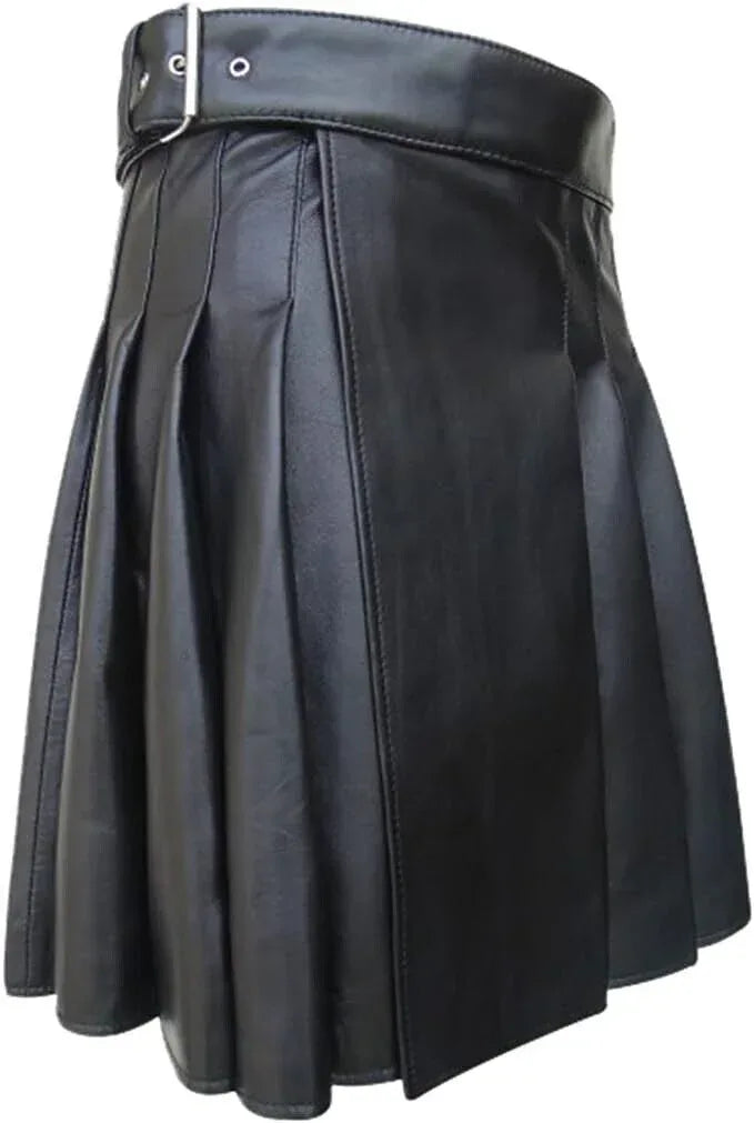 Men's Black Leather Kilt with Deep Pleats