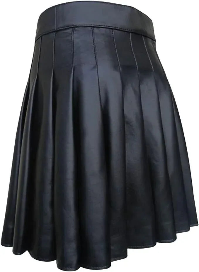 Men's Black Leather Kilt with Deep Pleats