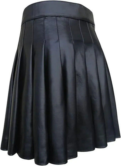 Men's Black Leather Kilt with Deep Pleats