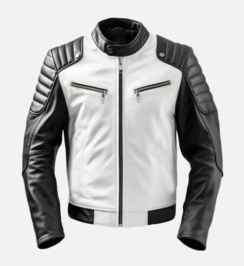 Men's Cafe Racer Leather Jacket with Black and White Design