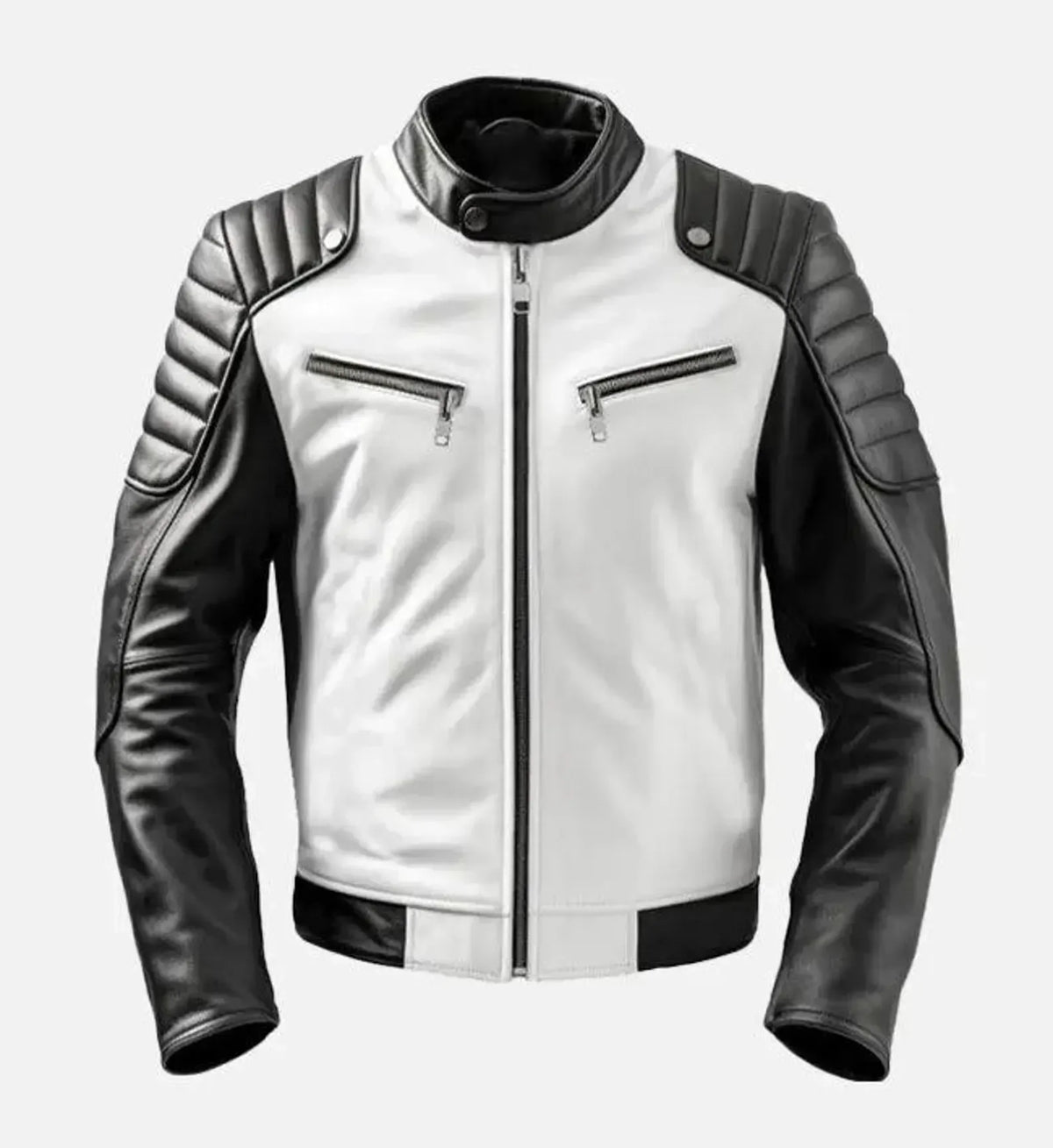 Men's Cafe Racer Leather Jacket with Black and White Design