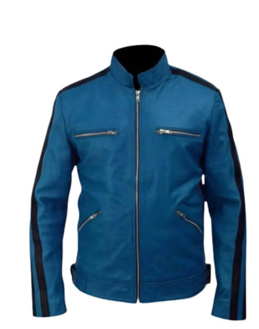 Men's Blue Leather Cafe Racer Jacket with Black Racing Stripes
