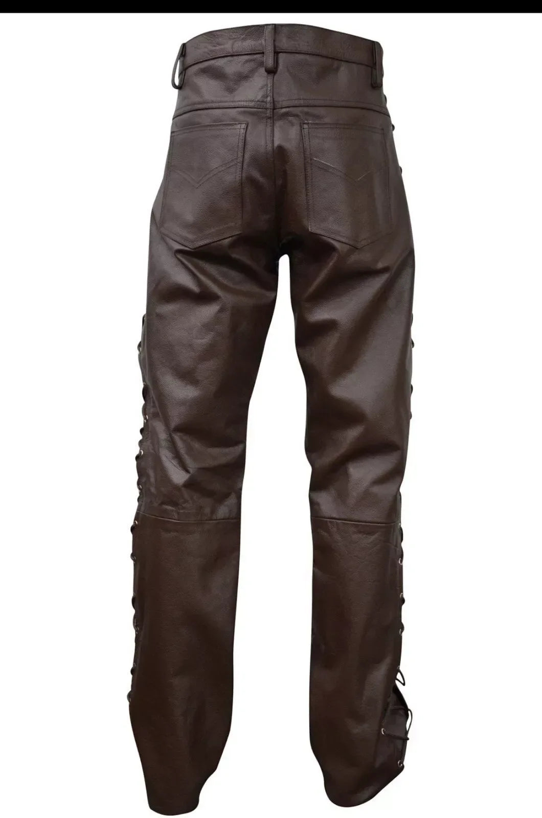 Brown Lace Up Leather Pants for Men in Genuine Cowhide
