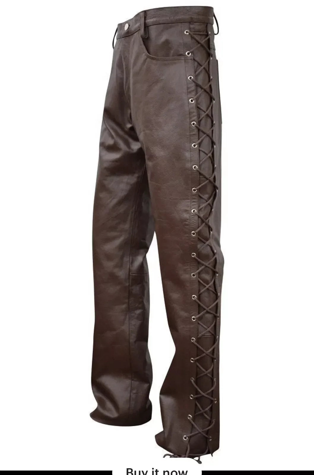 Brown Lace Up Leather Pants for Men in Genuine Cowhide
