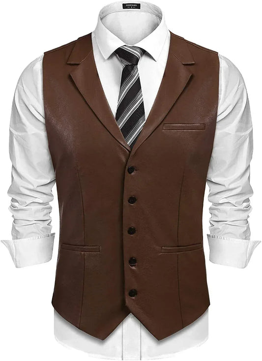Authentic Genuine Men's Brown Leather Vest With Lapels