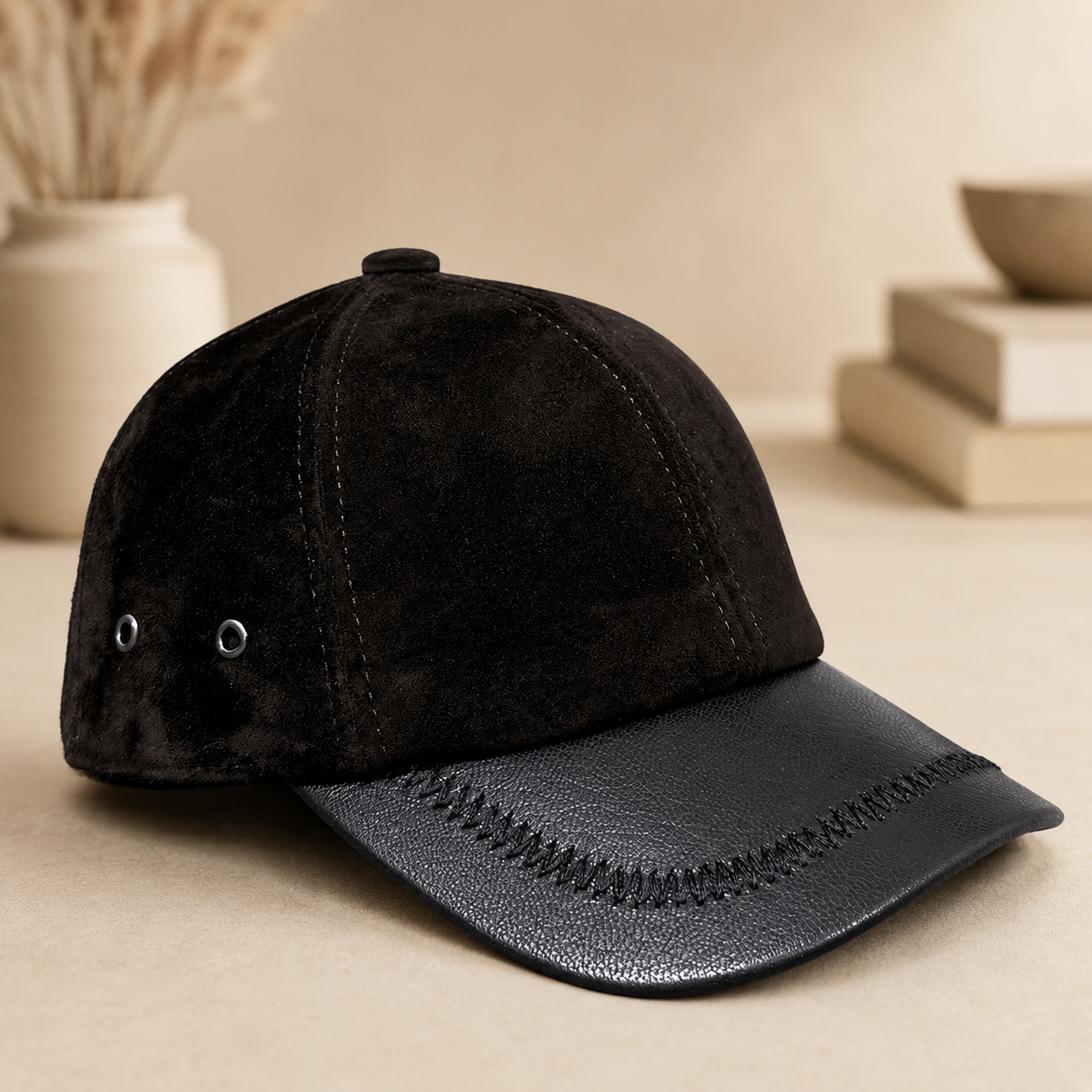 Men’s Genuine Leather Baseball Cap Dark suede sheepskin