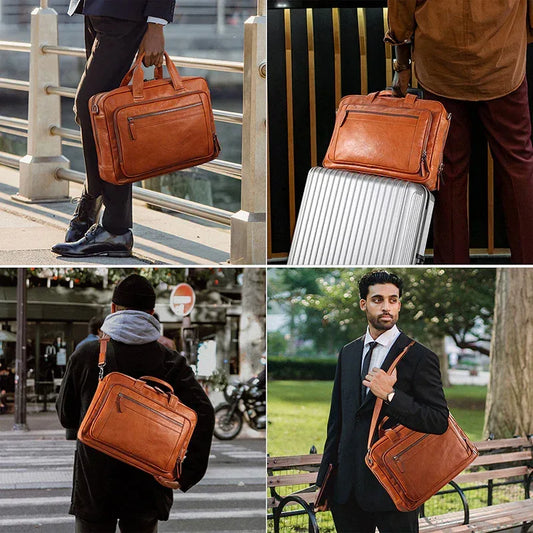 Men’s Leather Briefcase with Trolley Sleeve for 15.6 Inch Laptops