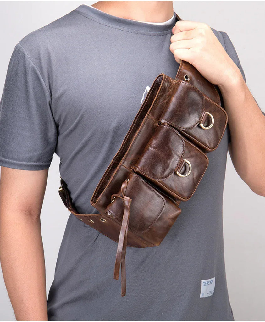 Men’s Leather Waist Bag with Multiple Pockets and Adjustable Strap