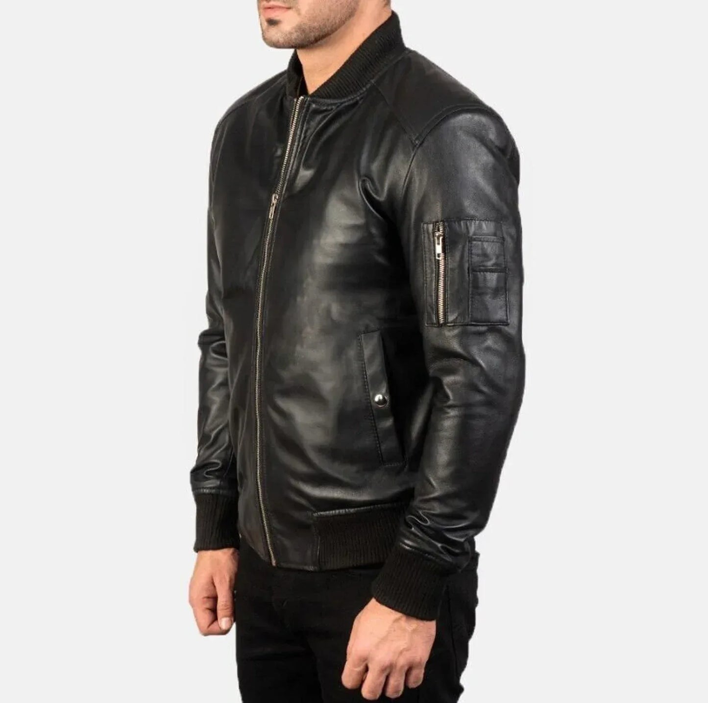 Black Leather Biker Jacket for Men Slim Fit