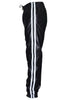 Men's black leather joggers shown front facing with adjustable drawstring.