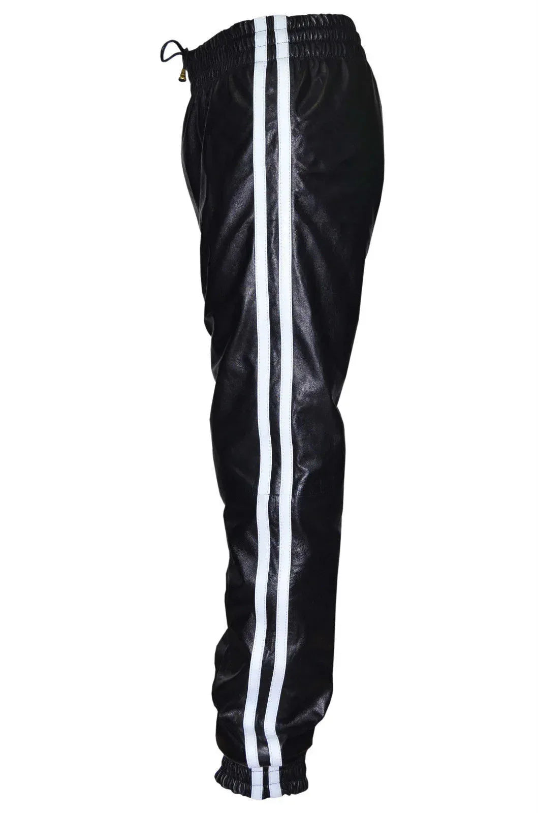 Men's black leather joggers shown front facing with adjustable drawstring.