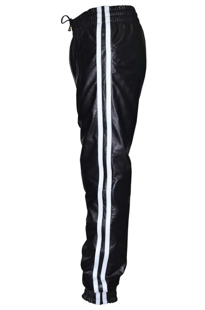 Men's black leather joggers shown front facing with adjustable drawstring.