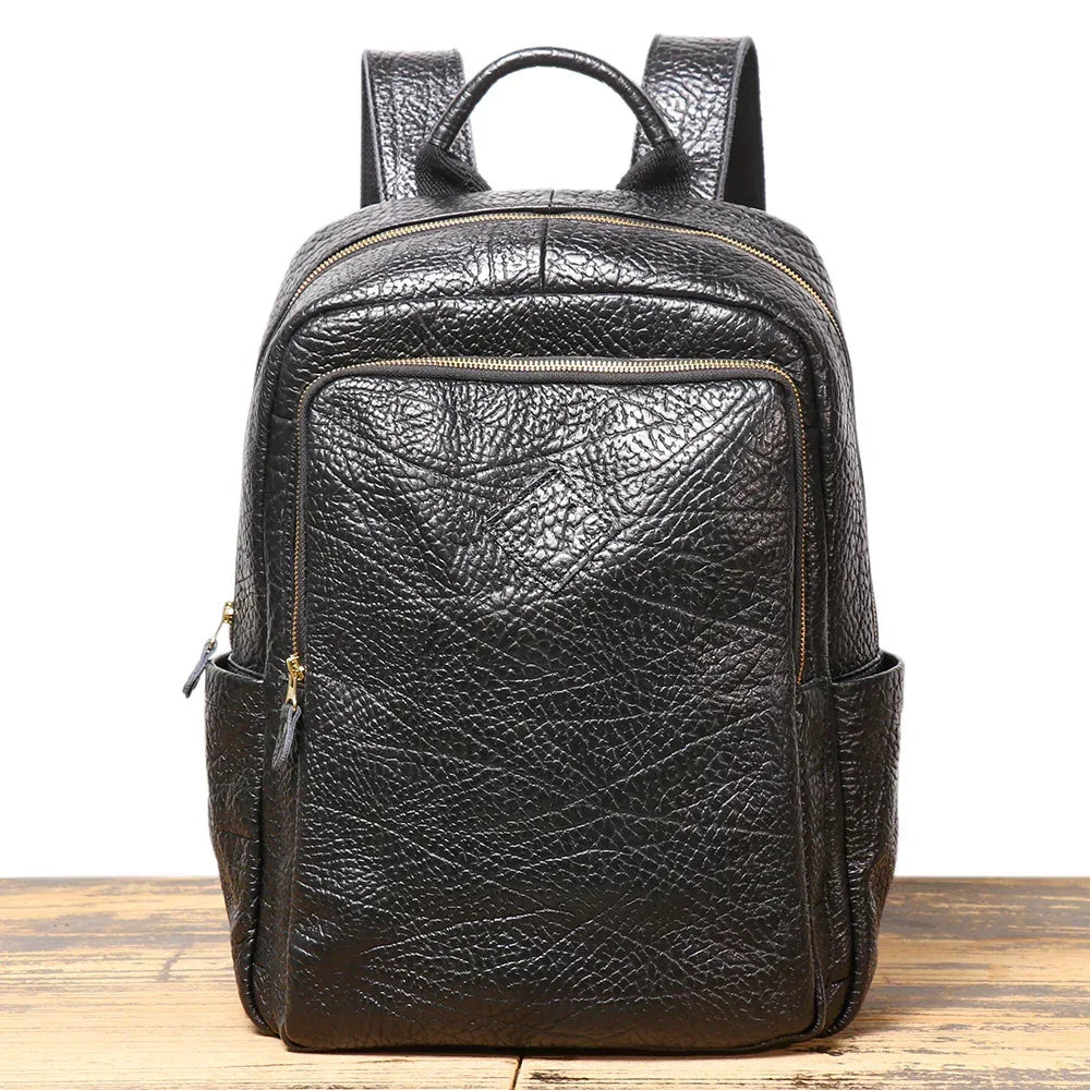 Men’s Black Leather Laptop Backpack with Trolley Sleeve