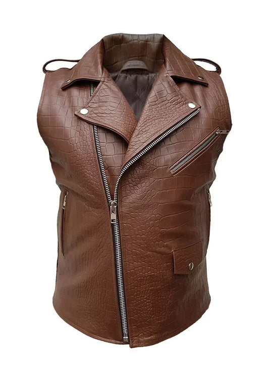 Men’s Brown Croc Embossed Leather Biker Vest