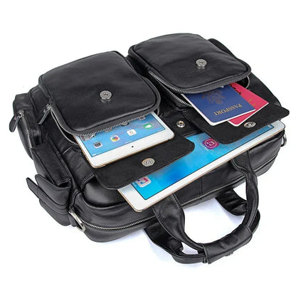 Genuine Leather Office Briefcase Laptop Bag with Trolley Sleeve for Men