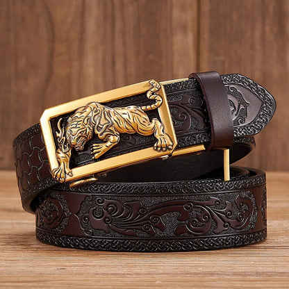 Men's brown leather tiger belt with raised gold-tone buckle and deep floral embossing along the strap.