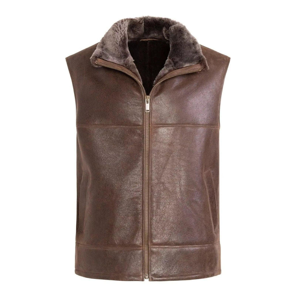 Real leather fur pilot vest brown sheepskin aviator