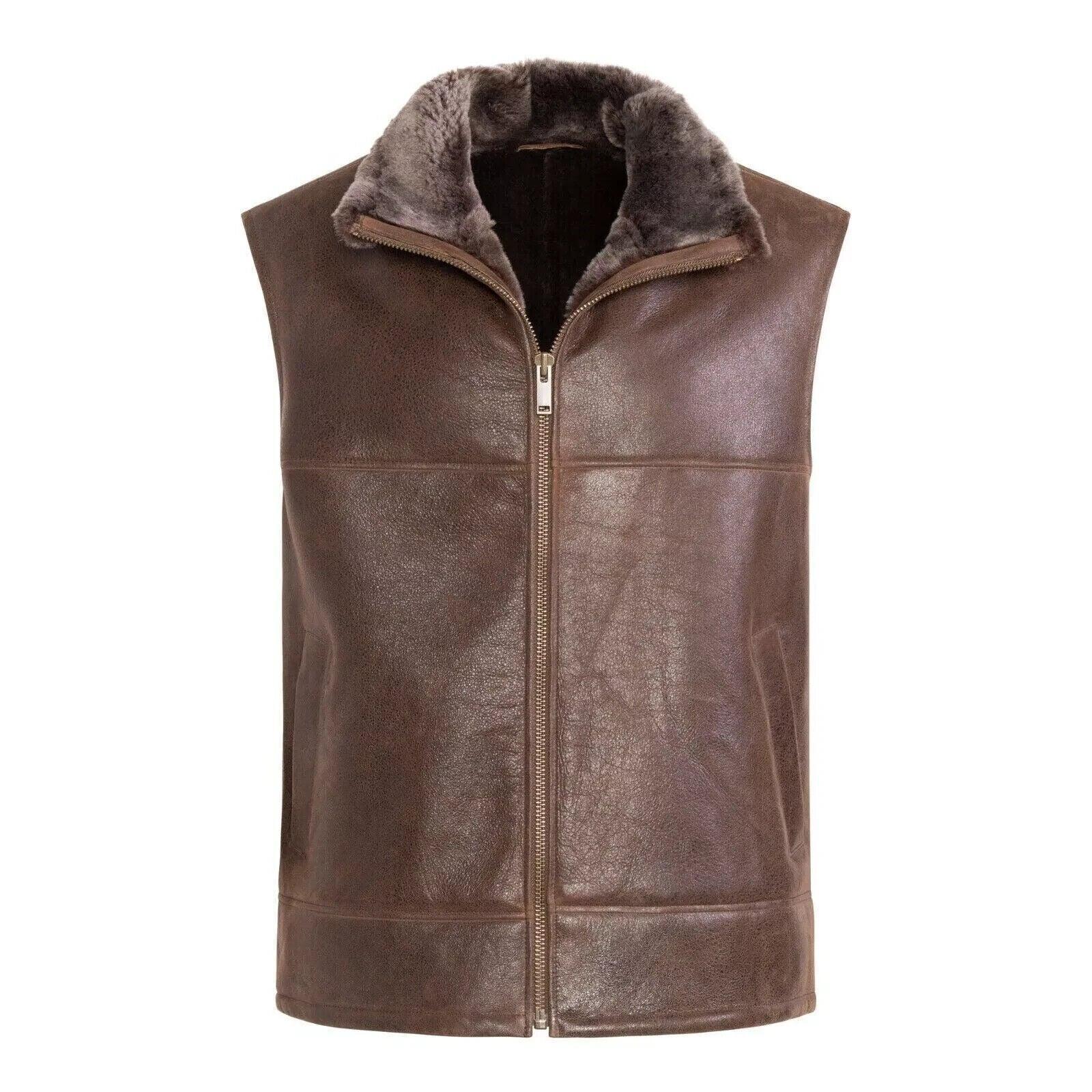 Real leather fur pilot vest brown sheepskin aviator