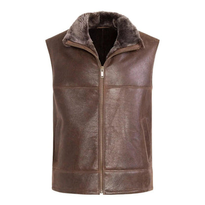 Real leather fur pilot vest brown sheepskin aviator