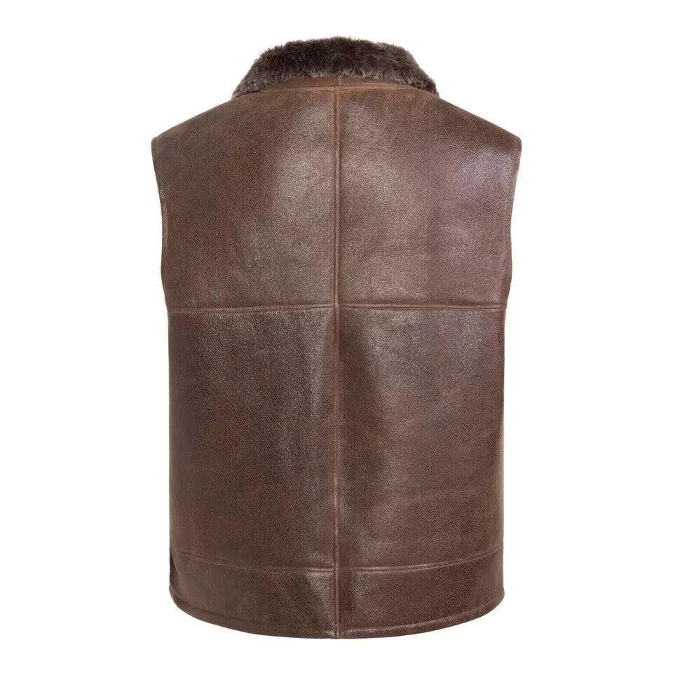 Real leather fur pilot vest brown sheepskin aviator