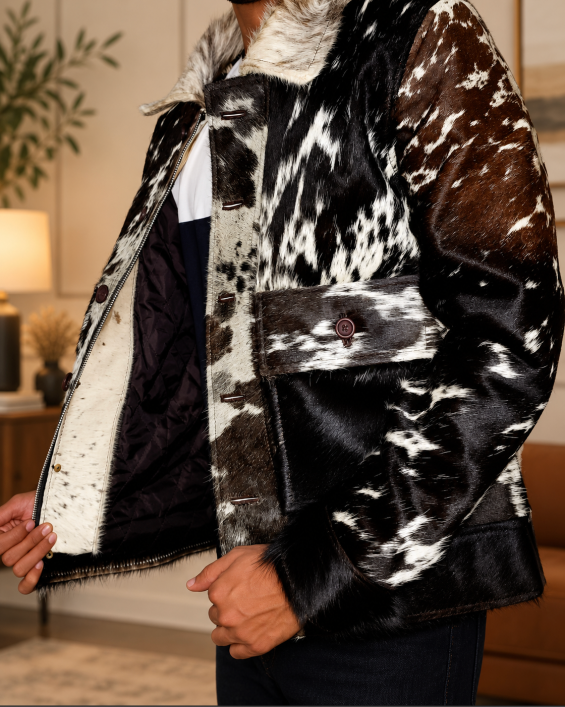 Men’s cowhide jacket with natural multitone hair-on hide, western styling, long sleeves, and distinctive textured character.