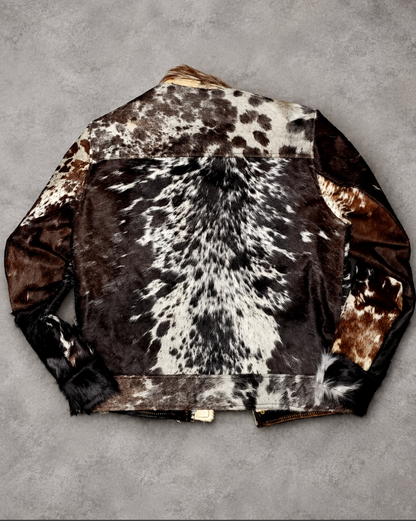 Men’s cowhide jacket with mixed natural hide markings.