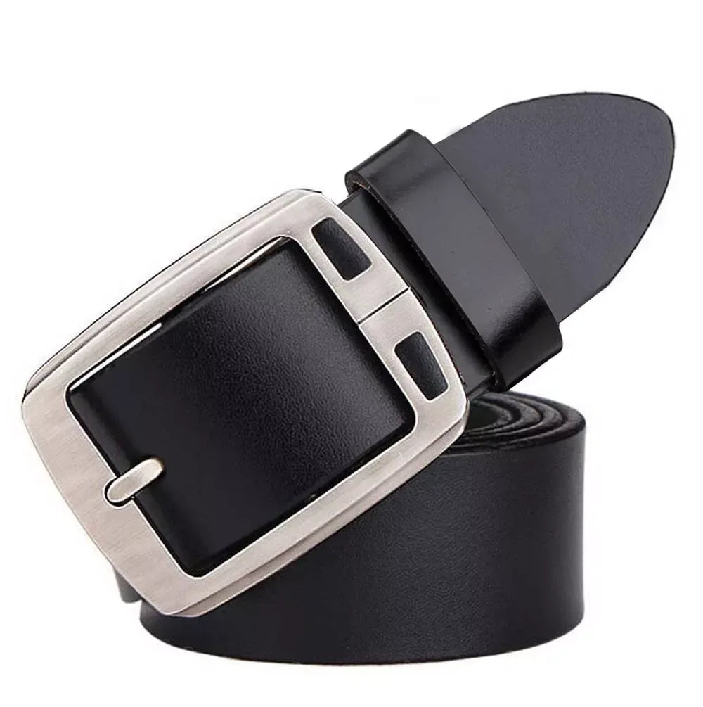 Men’s Cowhide Belt with Rectangular Silver Buckle Black S