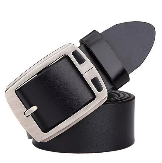 Men’s Cowhide Belt with Rectangular Silver Buckle Black S