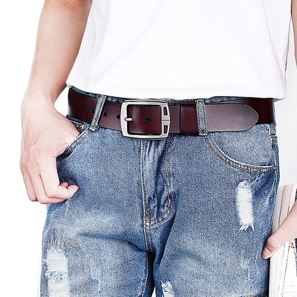 Men’s Cowhide Belt with Rectangular Silver Buckle