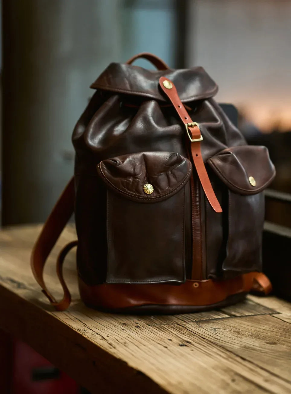 Men’s Vintage Brown Leather Backpack with Front Pockets