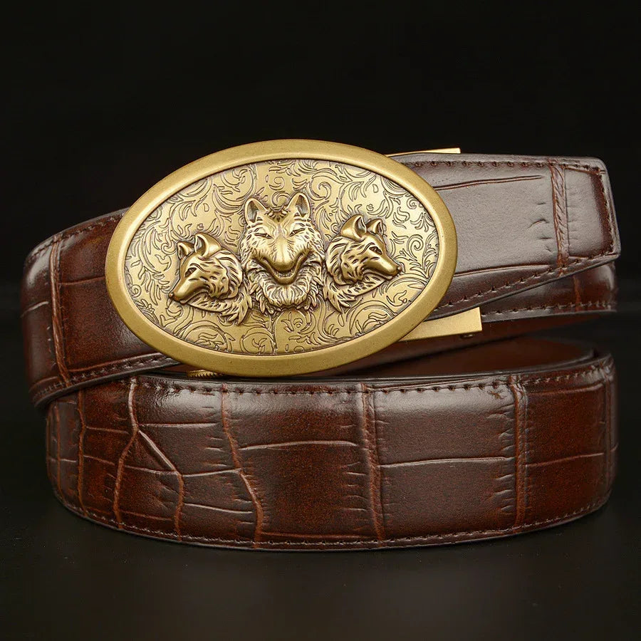 Men’s Croc Embossed Leather Belt with Wolf Buckle 1 110 cm