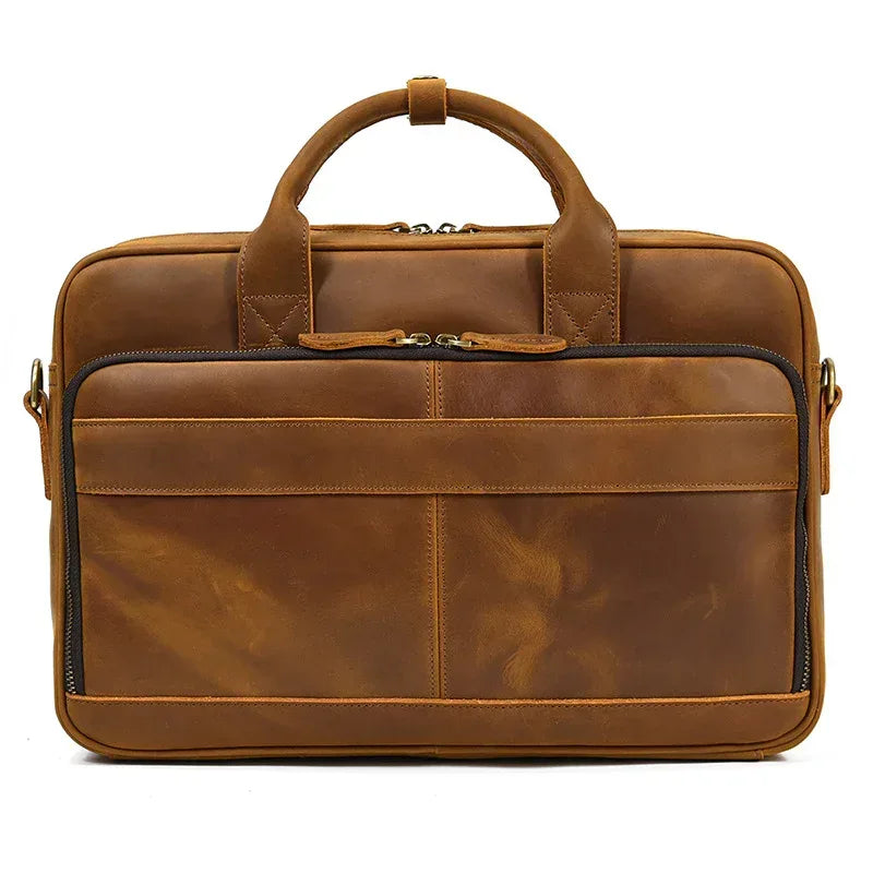 Men's Genuine Leather Travel Office Bag with Trolley Strap Medium Brown