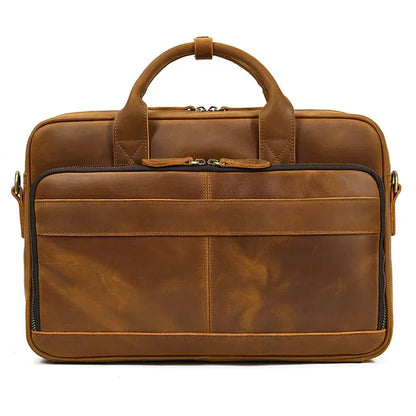 Men's Genuine Leather Travel Office Bag with Trolley Strap Medium Brown