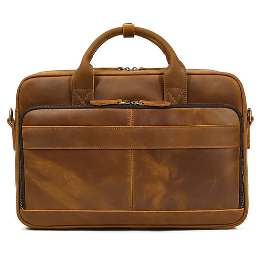 Men's Genuine Leather Travel Office Bag with Trolley Strap Medium Brown