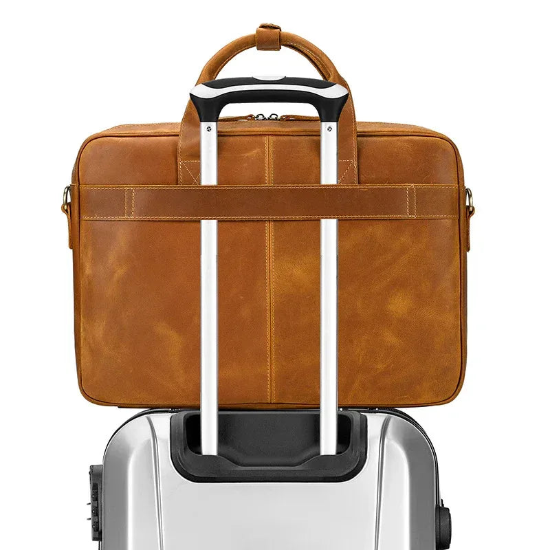 Men's Genuine Leather Travel Office Bag with Trolley Strap Yellow Brown