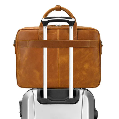 Men's Genuine Leather Travel Office Bag with Trolley Strap Yellow Brown