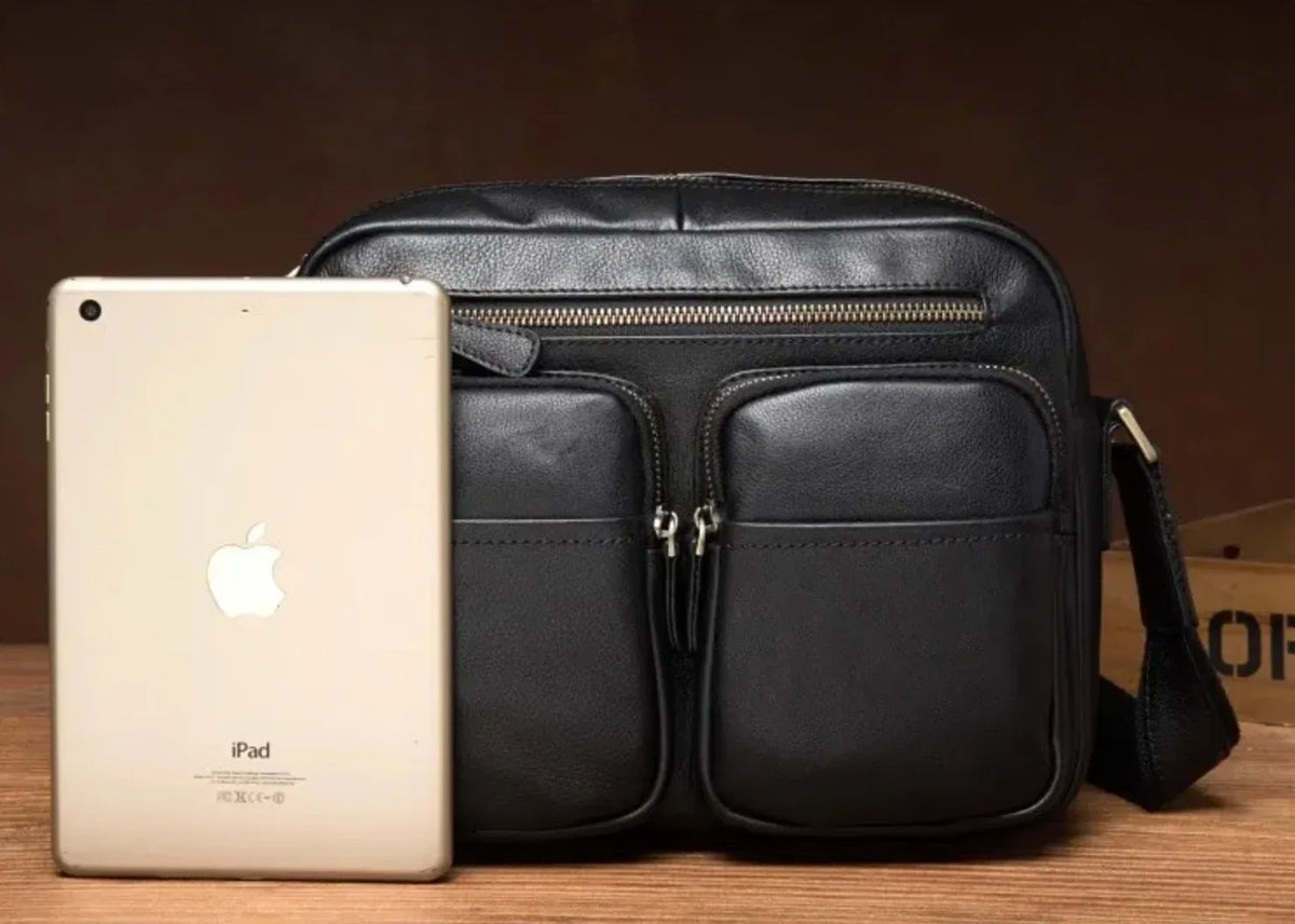 Men’s Genuine Black Leather Messenger Chest Bag