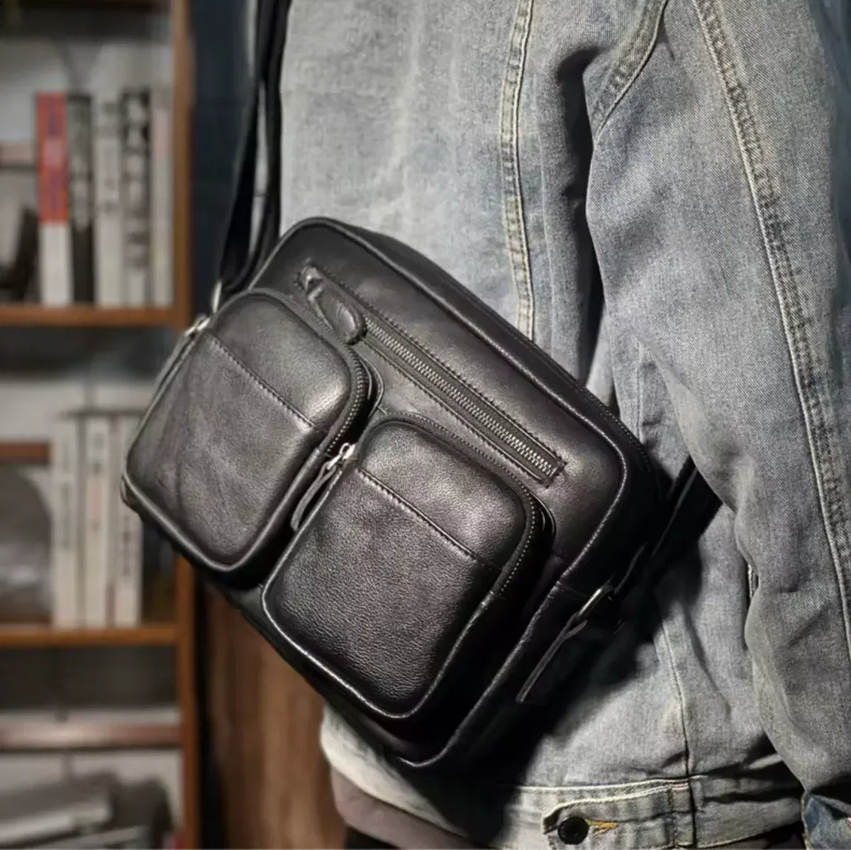 Men’s Genuine Black Leather Messenger Chest Bag