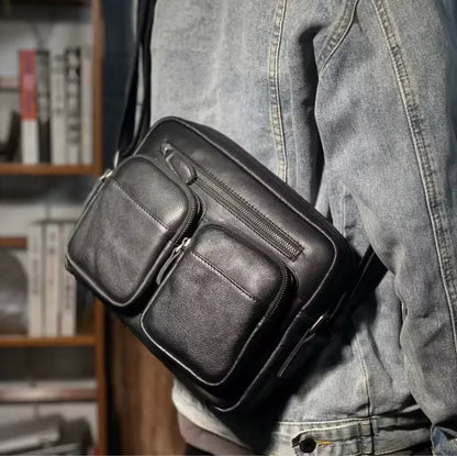 Men’s Genuine Black Leather Messenger Chest Bag