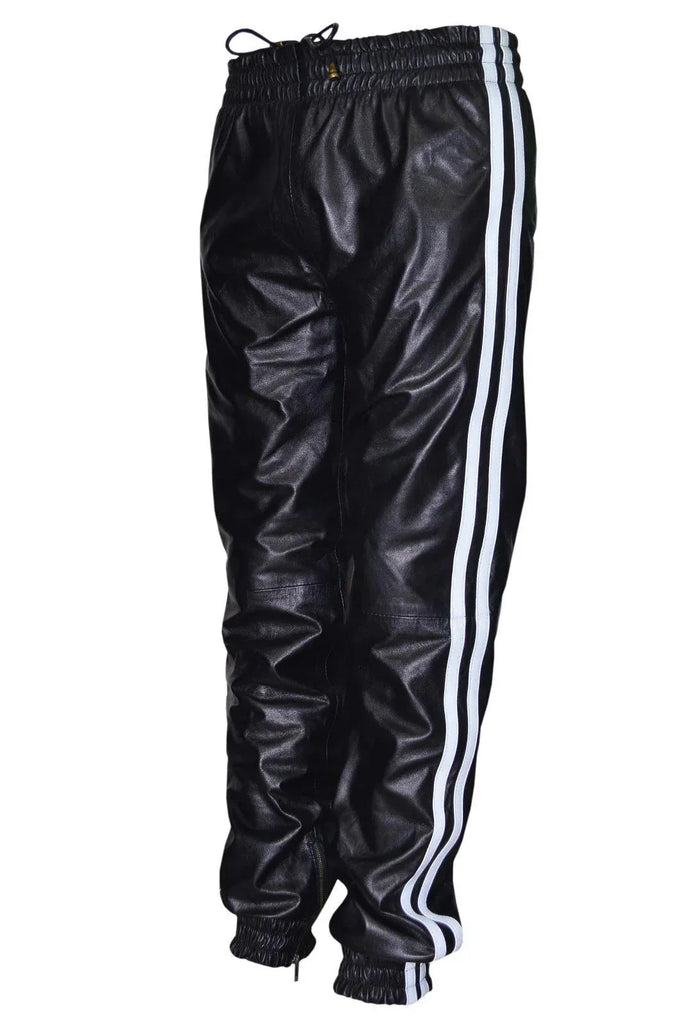 Mens Leather Joggers Black with White Side Stripes