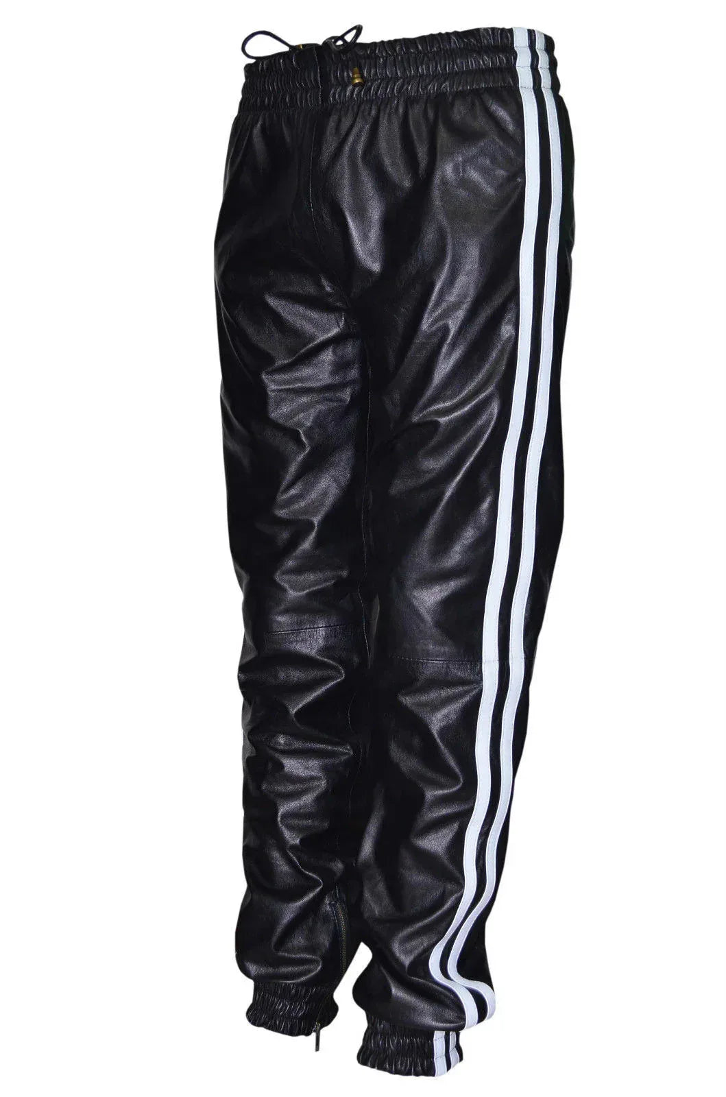 Mens Leather Joggers Black with White Side Stripes